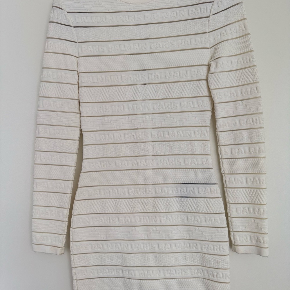 Balmain Logo White Long Sleeve Bateau Neck Body-con Dress
